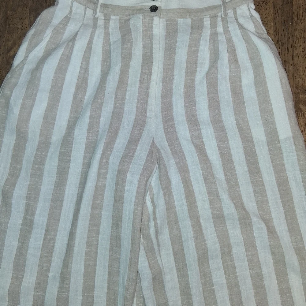 H&M White & Tan Linen Blend Stripe Cropped Wide Leg Pants 8